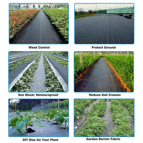 Heavy Duty Weed Barrier Landscape Fabric For Outdoor Gardens Non Woven Weed Blocker Roll shown in various installations and uses