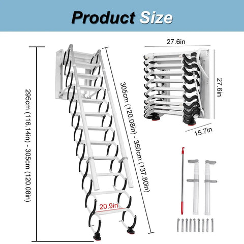 Premium Electric Retractable Attic Ladder Built From Tough Titanium Magnesium Alloy Featuring Dependable Telescoping Handrails; size dimensions displayed.