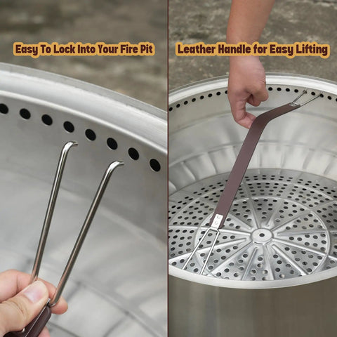 Heavy Duty Fire Pit Carrying Handle With Heat Resistant Stainless Hooks And Durable PU Strap being attached to a metal fire pit.