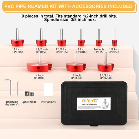 9 Piece PVC Pipe Reamer Kit With Aluminum Head And 2 Blades For SCH40 Fittings showing all sizes and carrying case