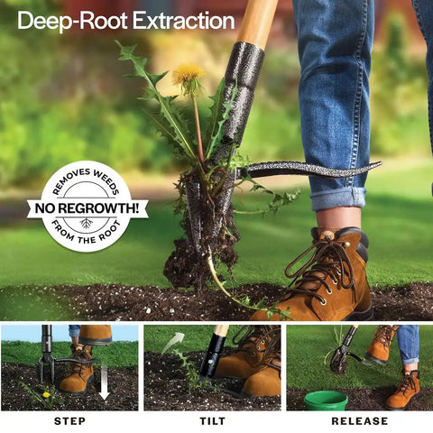 Person using Stand Up Weed Puller Tool With Long Handle And Foot Platform Heavy Duty 4 Claw Steel Head Weeder in grass
