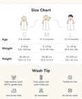 Size chart for IHDI Certified Hip Friendly Sleep Sack For Babies 0 To 6 Months with washing instructions.