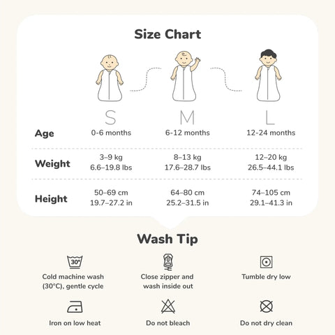 Size chart for IHDI Certified Hip Friendly Sleep Sack For Babies 0 To 6 Months with washing instructions.
