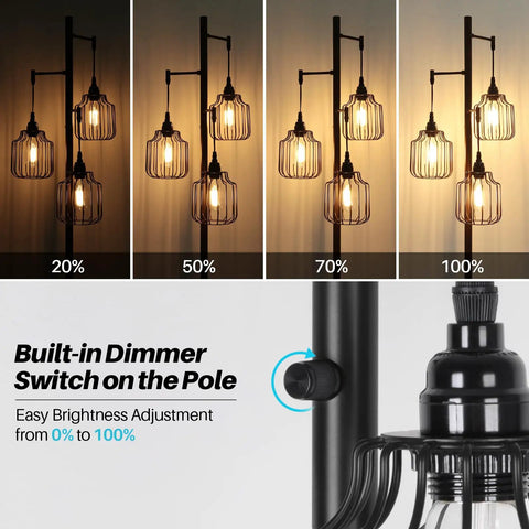 Dimmer Floor Lamp With 3X 800LM LED Edison Bulbs, Tall Standing Corner Lamp In Farmhouse Black, Industrial Rustic Vintage Tree Pole Light With Cage, Perfect For Living Room, Bedroom And Office To Set The Vibe