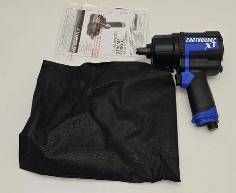 1/2 Inch Blue Composite Air Impact Wrench 1200 Ft Lb Breakaway Torque Twin Hammer Beast with black storage bag and manual.