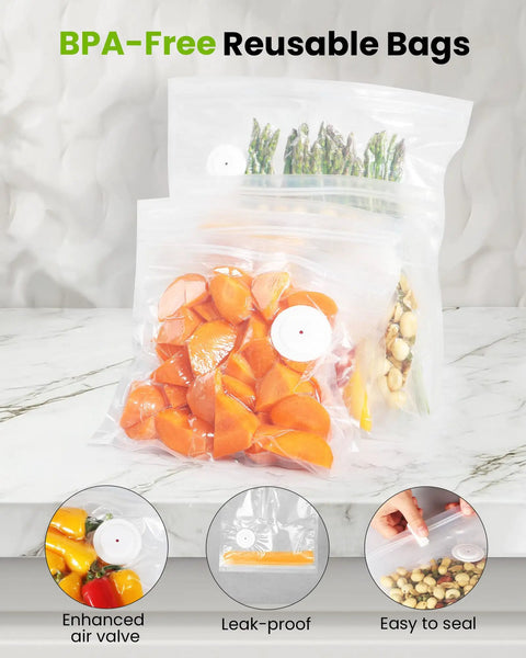 Compact Handheld Vacuum Sealer For Food With Visible Water Tank And 30 Reusable Bags, Keeps Food Fresh Up To 6x Longer, No Mess Easy Seal And Quick Pressure Release, BPA Free Bags, White with sealed carrot, asparagus, and nut bags displayed