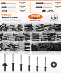 Heavy Duty 200 Pcs 3/16 Inch Pop Rivets Assortment Kit with Black Aluminum Rivets, Five Sizes, Washers, Storage Case
