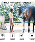 Woman using Propane Tankless Water Heater For Outdoors On Demand Hot Water 1.32 GPM Portable Gas Heater For Camping RV Boat And Hiking 5L White Lightweight Easy To Use to rinse horse outdoors
