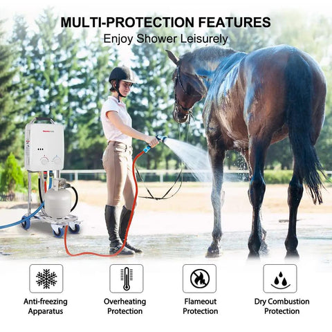 Woman using Propane Tankless Water Heater For Outdoors On Demand Hot Water 1.32 GPM Portable Gas Heater For Camping RV Boat And Hiking 5L White Lightweight Easy To Use to rinse horse outdoors