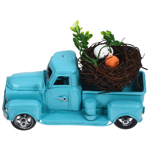 Totally Farmhouse Easter Truck With Eggs Mini Diecast Vintage Pickup Decor featuring blue truck with nest and eggs.