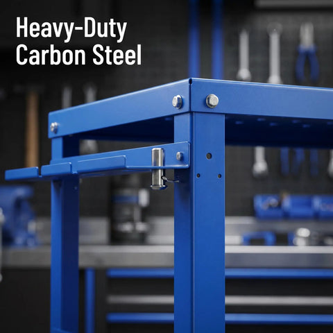 Close-up of Heavy Duty Steel Welding Table And Portable Workbench Featuring Adjustable Height, carbon steel construction.