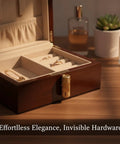 Slick Concealed Barrel Hinge In Gold Zinc Alloy Finish For Jewelry Boxes And Cabinets on a wooden jewelry box