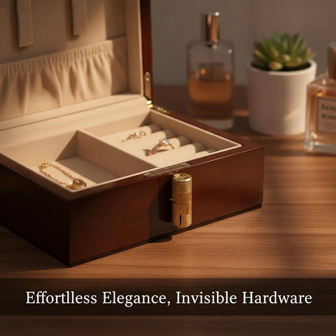 Slick Concealed Barrel Hinge In Gold Zinc Alloy Finish For Jewelry Boxes And Cabinets on a wooden jewelry box