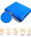 Heavy Duty Twenty By Thirty Foot Waterproof Tarp Thats Super Thick At Sixteen Mil And Tough As Nails For All Your Outdoor Needs Like Camping Tent Roof Boat Car Pool And Ground Cover In Blue, showing folded tarp and water droplets