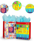 Two Pack 12.6 Inch Large Happy Birthday Gift Bags With Tissue Paper for birthday party supplies, colorful cheerful design