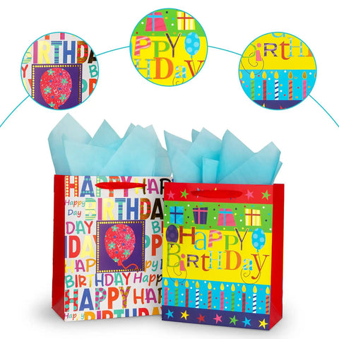 Two Pack 12.6 Inch Large Happy Birthday Gift Bags With Tissue Paper for birthday party supplies, colorful cheerful design