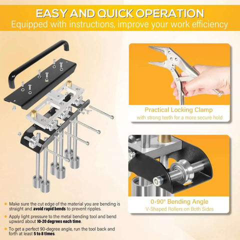 Diagram of Three Station Edge Roller Bead Bender with locking clamp and 0-90 degree bending angle features highlighted.