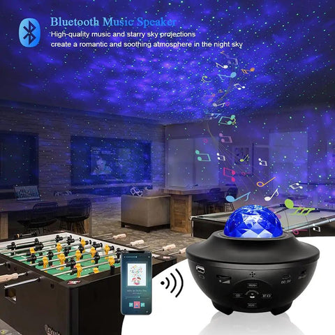 Starry Night Sky Projector For Bedroom With Ocean Wave Light illuminating room with remote control visible, Bluetooth Speaker playing music.