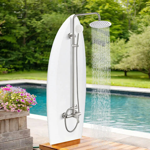 Outdoor Shower System High Pressure Dual Function Wall Mount Rig, SUS304 Stainless Steel, Brushed Nickel Finish, poolside setup