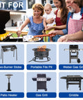 Family using Six Feet Low Pressure Propane Regulator With CSA Certified LPG Hose For LP Gas Grills Heaters And Fire Pits Type1 QCC1 Compatible Outdoor Cooking Camping Tailgating with various compatible appliances like grills and fire pits.