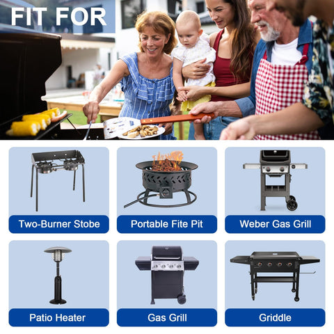 Family using Six Feet Low Pressure Propane Regulator With CSA Certified LPG Hose For LP Gas Grills Heaters And Fire Pits Type1 QCC1 Compatible Outdoor Cooking Camping Tailgating with various compatible appliances like grills and fire pits.