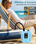 Rechargeable Electric Paddle Board Pump with Auto Off next to paddle board on beach, person relaxing in chair