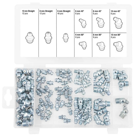 Pro Grade Metric Grease Fitting Kit 88 Pieces Assortment With Straight 45 Degree And 90 Degree Angles Includes 6mm 8mm 10mm Fittings