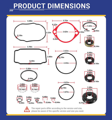 Dimensions of seals and gaskets for BDP-10A Pump Overhaul Seal Kit With Seals And Gaskets For PG Series Hydraulic Pumps Kohler Kawasaki