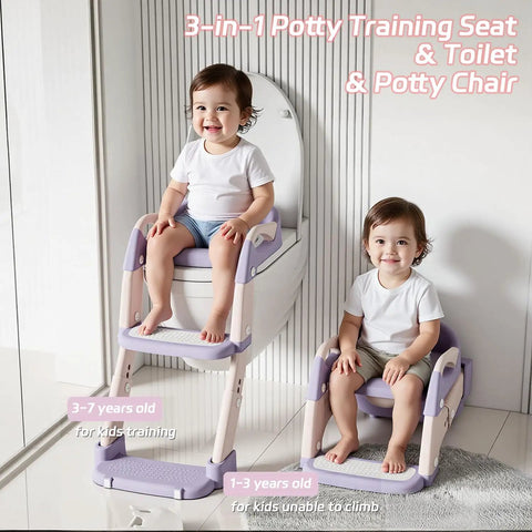 Game Changing 3-In-1 Toddler Potty Training Seat And Foldable Potty Chair With Step Stool, Adjustable Height For Little Champs, No Fuss Cleanup, Ultra Comfy Bathroom Helper Pink Purple