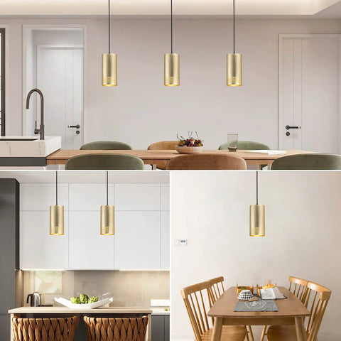 Gold Pendant Light Fixtures, Adjustable Modern Industrial Metal Lighting in kitchen, dining area, and hallway with ambient glow