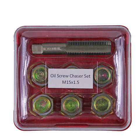 Oil Drain Plug Thread Repair Kit M15 X 1.5mm Rethread Tool in red case with tap and plugs.