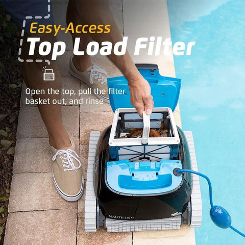 Person opening top load filter of Nautilus CC Automatic Robotic Pool Cleaner with Wall Climbing Scrubber near pool edge.