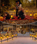 Solar Flame Torch Lights 12 Pack creating flickering flame ambience in garden during festive outdoor Halloween and winter decorations.