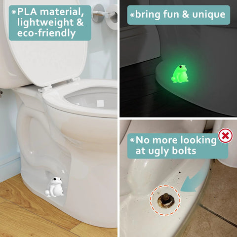 Frog Toilet Bolt Covers Glow In The Dark 2 Pack Luminous Green PLA Push On Screw Caps installed on toilet base, showing glow effect.