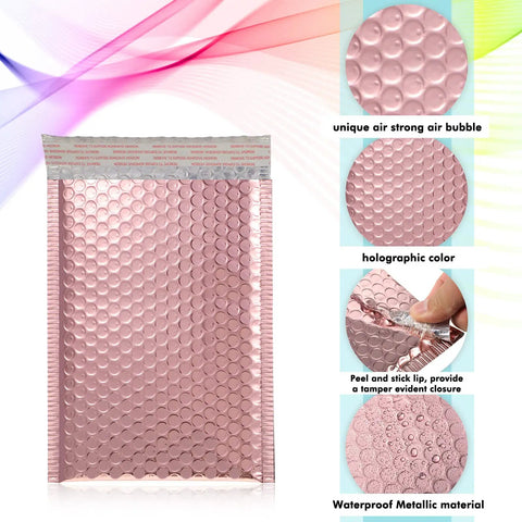 Rose Gold Metallic Bubble Mailers With Self Seal Adhesive, holographic padded poly mailer on white background