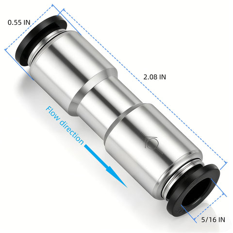 Pneumatic Push-To-Connect Check Valve 5/16 In OD X 5/16 In OD One-Way Valve, Nickel Plated Brass Showing Size and Flow Direction