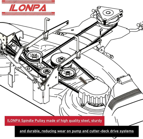 ILONPA flat idler pulley diagram on a lawn mower belt drive with multiple pulleys