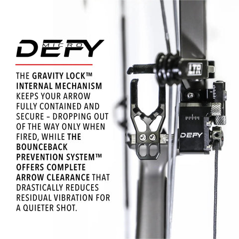 Drop Away Rest With Right Hand Cable Drive Defy Micro on bow, precision bearings and machined aluminum for secure arrow containment.