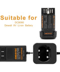 8V Li Ion Charger For Pod Style Battery Compatible With DCB080 DCF680N1 DW4390 DCF680N2 DCF680G2 shown with plug and dock