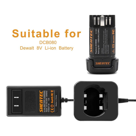 8V Li Ion Charger For Pod Style Battery Compatible With DCB080 DCF680N1 DW4390 DCF680N2 DCF680G2 shown with plug and dock