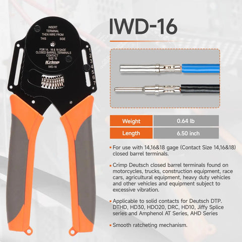 Deutsch 4 Indent 8 Impression Ratchet Crimp Tool Kit For Solid Contacts with IWD-16 label and connectors shown