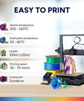 3D printer with Silk PLA Filament 1.75mm Clog-Free with Shiny Silk Finish for 3D Printing, settings info on temperature, speed, and length.