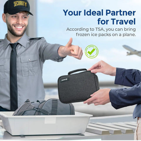 Security smiling as traveler holds TSA approved Insulin Travel Case With Four 160 Gram Ice Packs For Extended Cooling at airport.