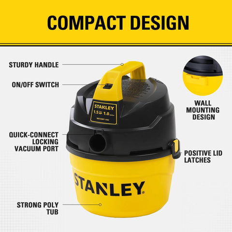 One Gallon Wet And Dry Shop Vacuum With One Point Five Peak Horsepower And Sixty Cfm Portable Lightweight Suction