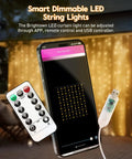 USB Powered Curtain String Lights 9.8ft Long With 300 LEDs, App Control And Remote showing phone, remote, and USB connector