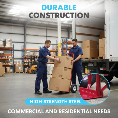 Warehouse workers using Workhorse Heavy Duty Convertible Hand Truck Dolly With 10 Inch Solid Wheels for moving boxes, red finish