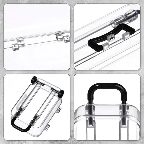 Clear plastic mini luggage storage box; front view with black rounded handle and latches.
Clear plastic mini luggage storage box; side view with black top handle along edge.
Clear plastic mini luggage storage box; angled view showing multiple compartments and black end caps.
Clear plastic mini luggage storage box; close-up of the black handle attached to the case.