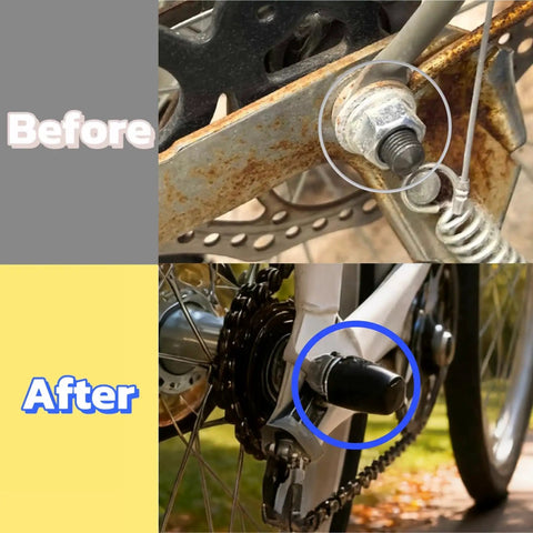 Before and after use of 8 Pack Bicycle Axle Dust Cover Replacement Set, showing exposed and covered bike wheel hub axle.