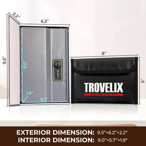 Hidden Book Safe With Combination Lock Coffee Color next to black fireproof bag with dimensions shown