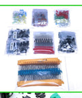 Mega 1500 Piece 7 Value Electronic Component Kit with organized bags of capacitors, resistors, transistors, and LED diodes for DIY projects.